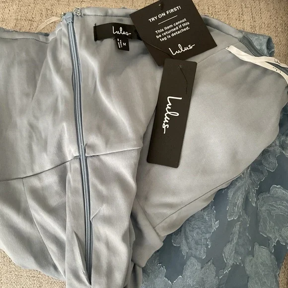 Lulus Mabriella Slate Blue Floral Burnout Ruffled Strapless Maxi Dress NWT Med - Picture 9 of 12